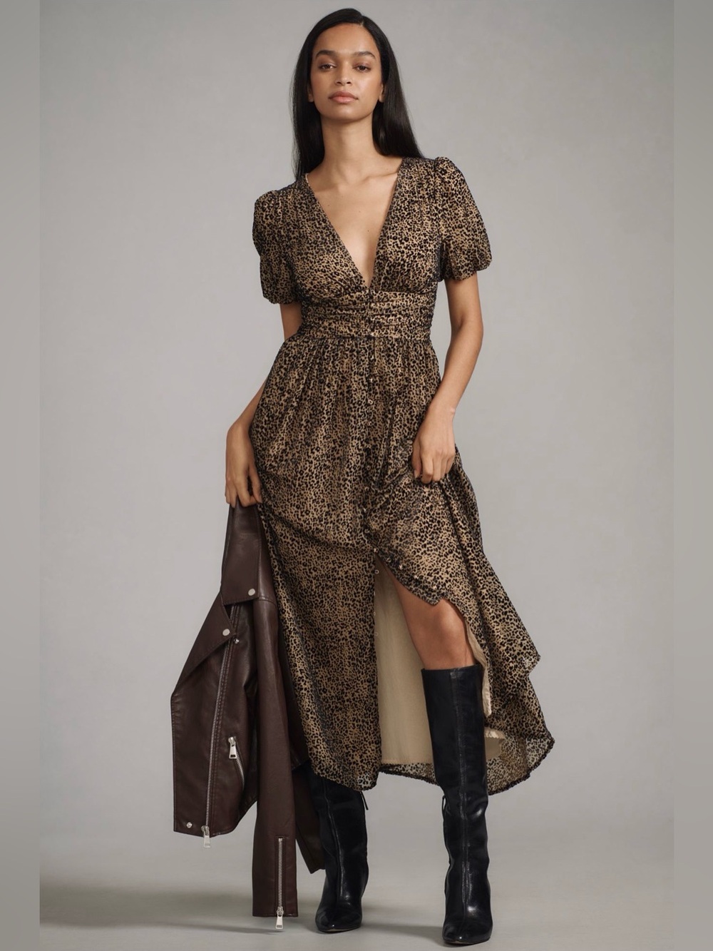 Anthropologie Katerina button-front Dress Velvet Edition in Neutral Pattern